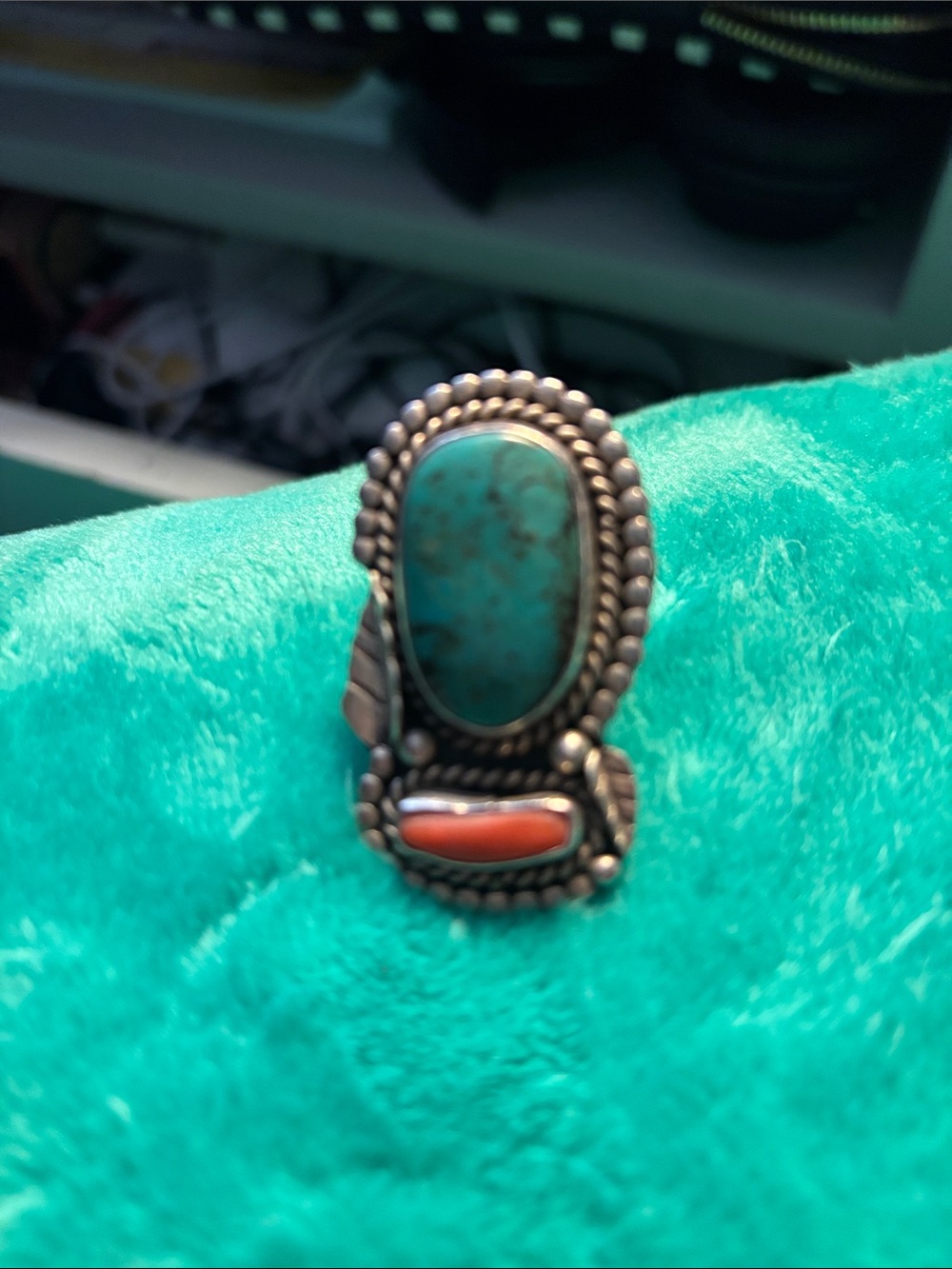 Turquoise and Coral Silver-Tone Statement Ring